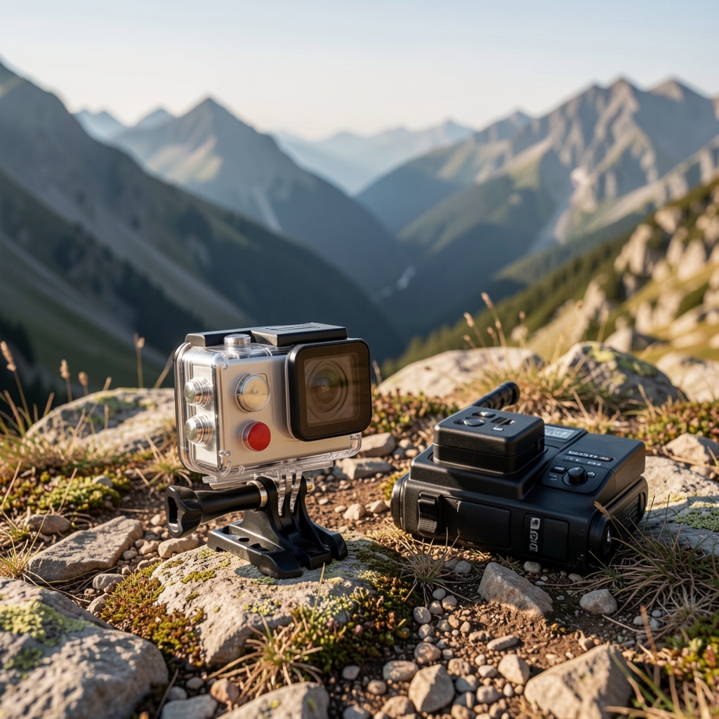 Kaya zeminine yerleştirilmiş aksiyon kamerası ve ekipmanları, dağlık outdoor ortamı