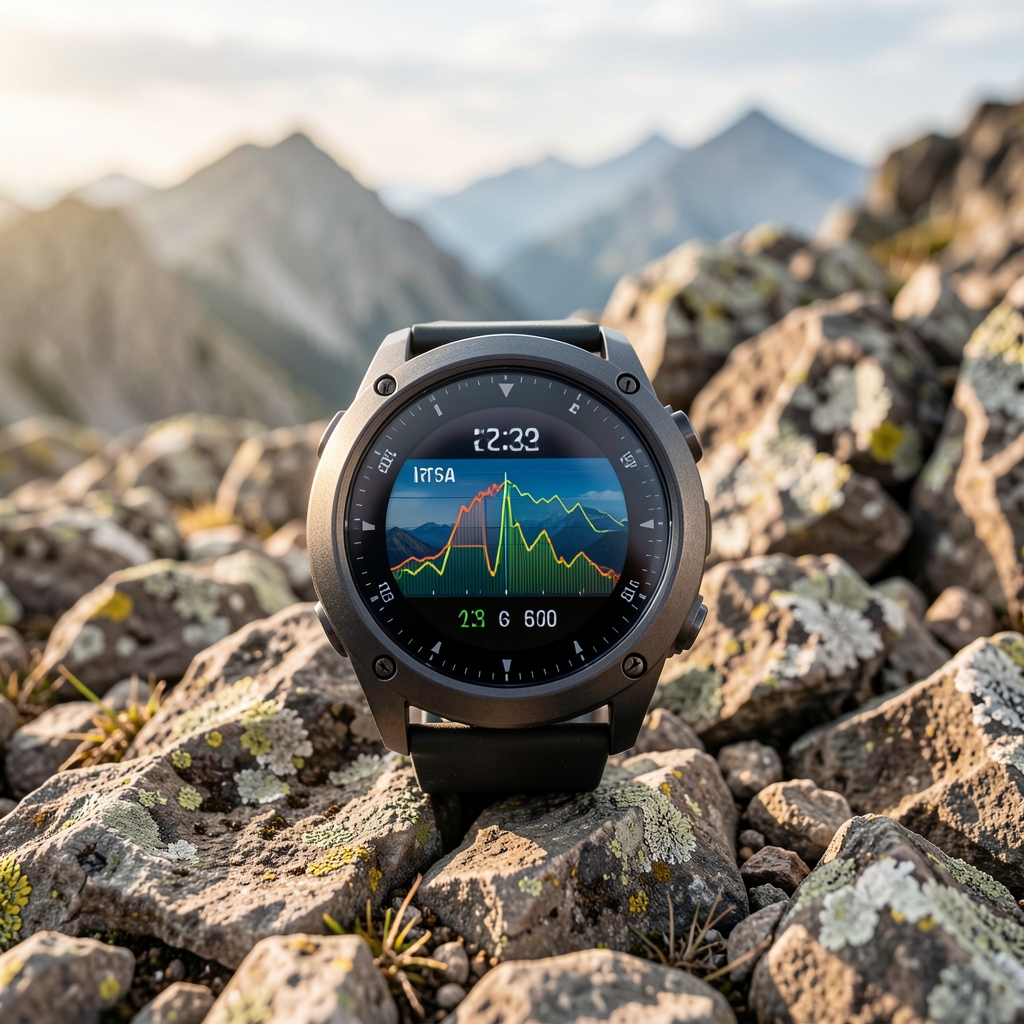 Kayalık dağ zeminine yerleştirilmiş outdoor GPS saati, ekranda irtifa göstergesi