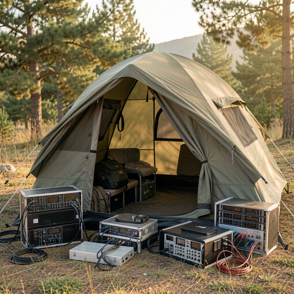 Kamp çadırı yanında düzenlenmiş outdoor elektronik ekipmanlar