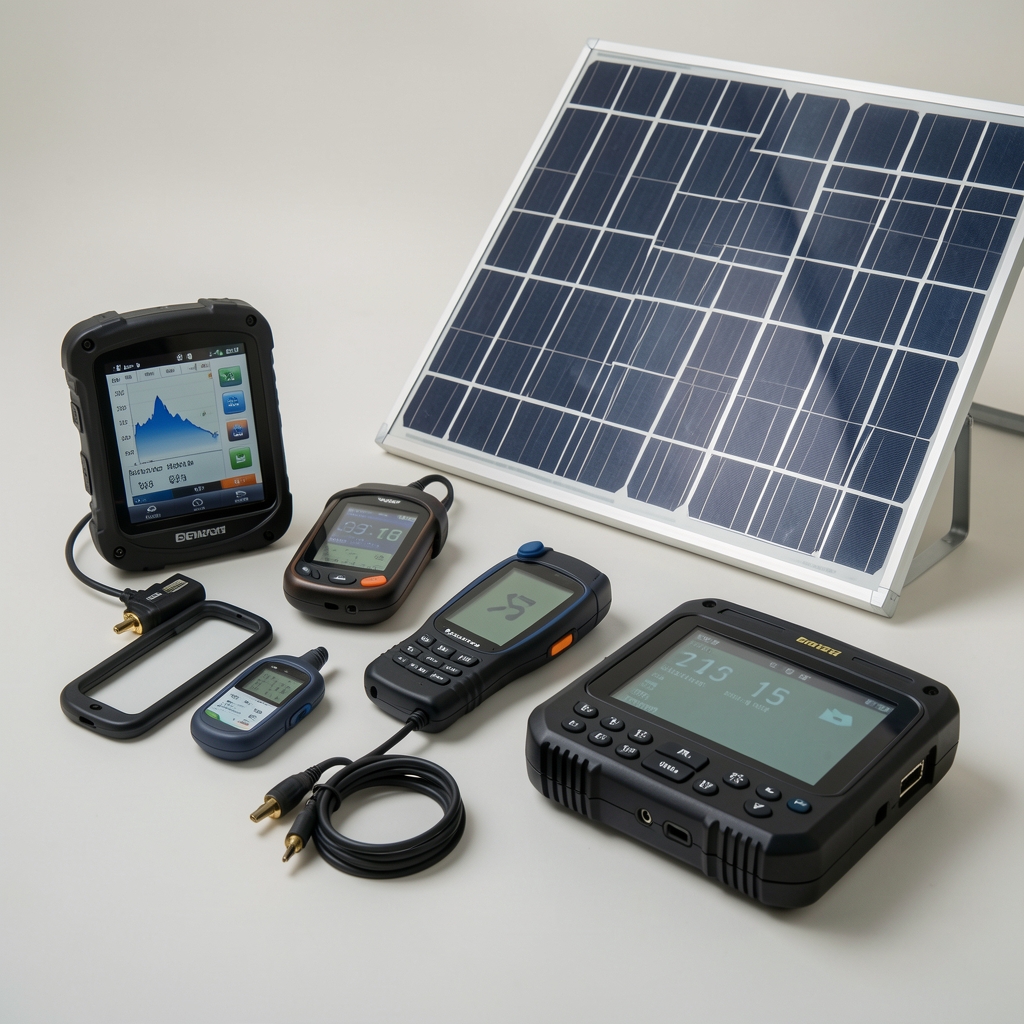Çeşitli outdoor teknoloji ekipmanları, GPS ve solar paneller düzenli sergileme