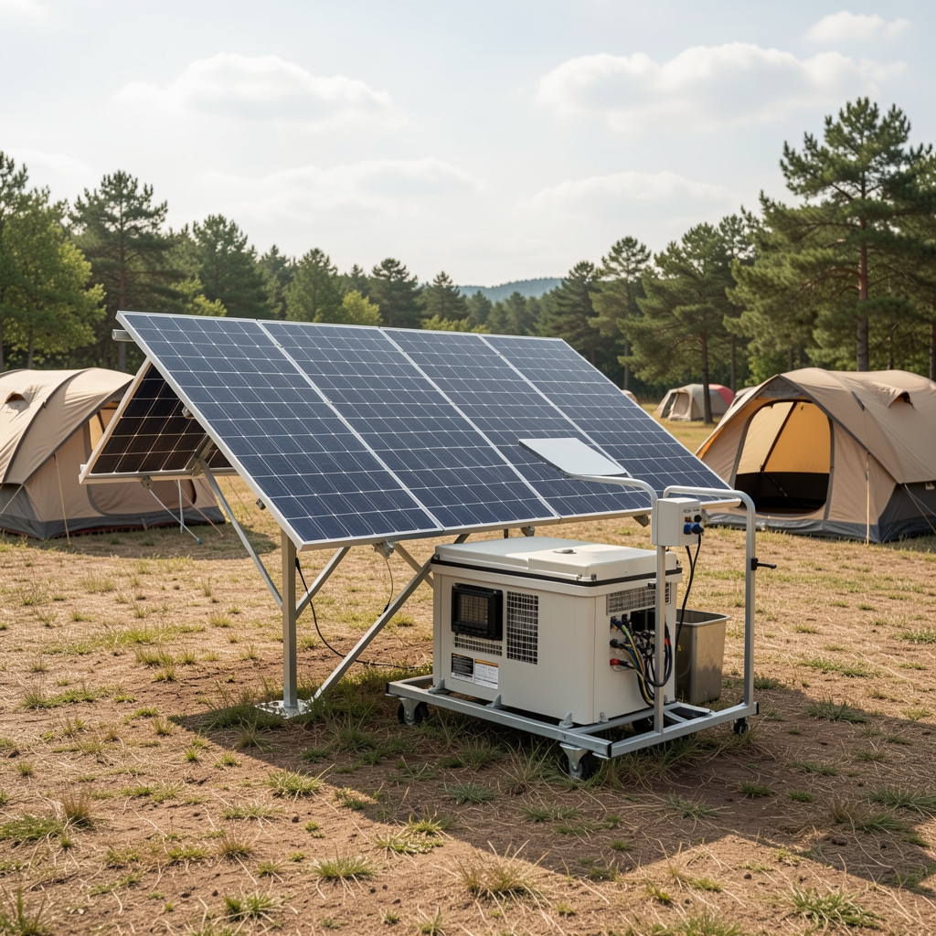 Katlanabilir solar panel ve taşınabilir enerji ünitesi açık kamp alanında